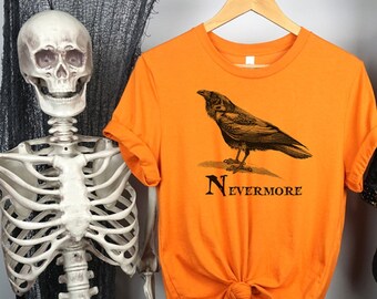 Nevermore Raven Edgar Allan Poe Halloween Spooky Women's Orange T-Shirt, Fall Gift Literary Tee Gothic Horror Literary Bookish Dark Academia