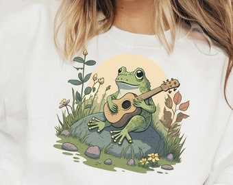 Frog Playing Ukulele Sweatshirt, Cottagecore and Goblincore Aesthetics, Gift for Musicican, Magical Creature, Gift for Her, Frog Lover Shirt