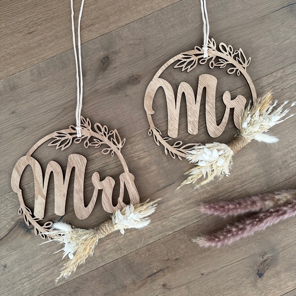 Set Mr&Mrs - Hochzeit, Deko, Stuhlschild, Holz, Trockenblumen