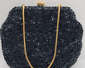 Vintage Black Hand Beaded Evening Bag