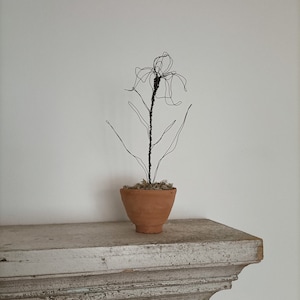 May include: A wire sculpture of a flower in a terracotta pot, sitting on a white painted shelf.