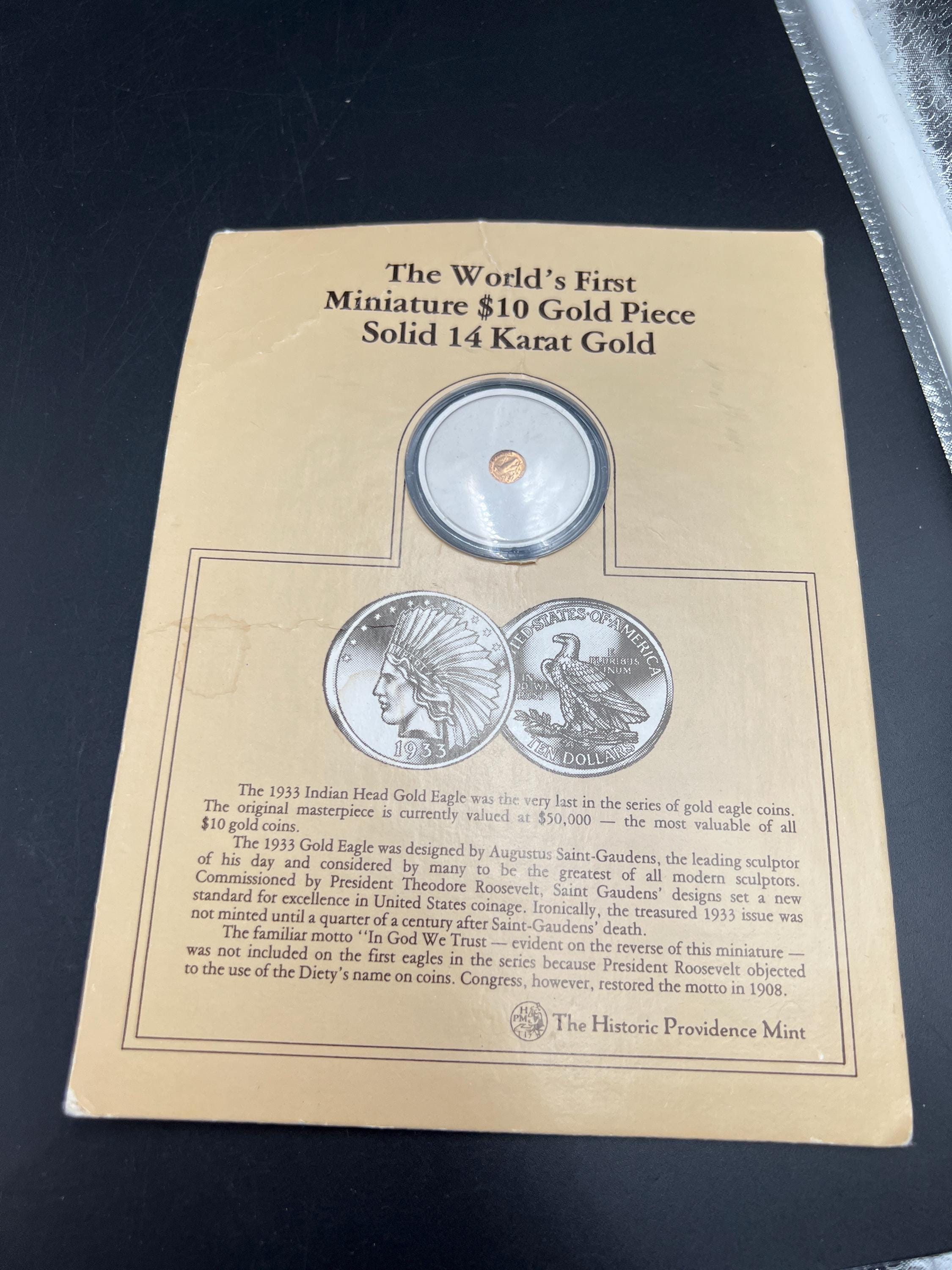 Solid 14 K Gold Miniature (very small) 10 Dollar Indian Coin in display card
