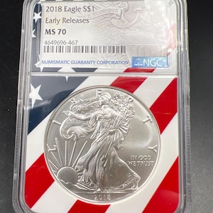 2018 ASE American Silver Eagle Coin NGC MS70 USA Flag Label #466