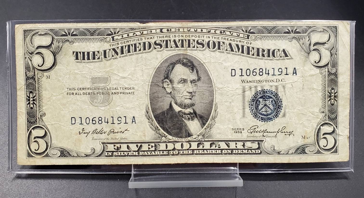 1953 5 Five Dollar Silver Certificate Blue Seal US Currency Bill AVG