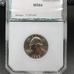 1963 P 25c Washington Silver Quarter Coin PCI MS64 Machine Doubling Obverse