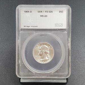1964 D Washington Silver Quarter Coin SEGS MS63  Unc DDR-001 FS-801 -025 Variety