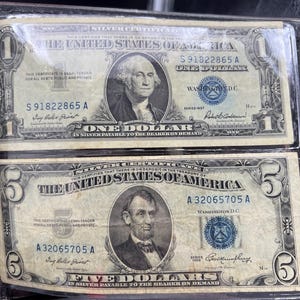 United States One & Five Dollar Silver Certificate Blue Seal Set 1957 1 Bill and 1953 Five Circulated conditions in Folder