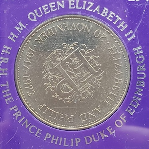 Queen Elizabeth II & Prince Phillip  1947-1972 Jubilee Wedding Crown Commemorative Coin - Cased BU Unc OGP