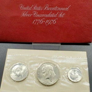1776 - 1976 Bicentennial Coinage 3 Pc Set Dollar Quarter Half Silver Coins BU
