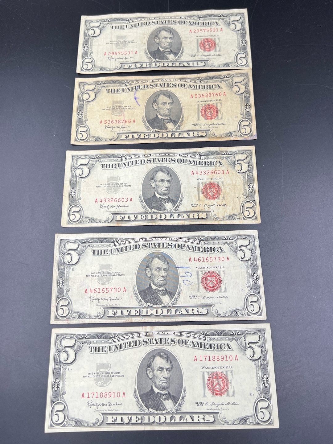 Lot of 5 1963 Five 5 Dollar Bills United States Legal Tender Red Seal ...