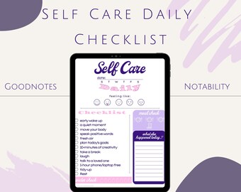 Digitale ongedateerde dagelijkse checklist voor zelfzorg | GoodNotes, Opmerkelijkheid | Paars roze
