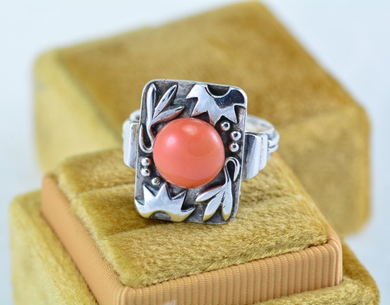 ArtDeco Silver 835 Ring Red Coral - image 1