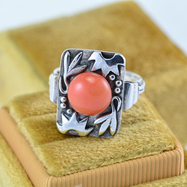 ArtDeco Silver 835 Ring Red Coral