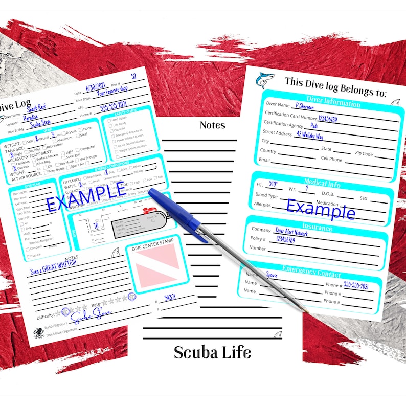 Blue Scuba Diving Log Book Sheets Diver Information & Note Etsy