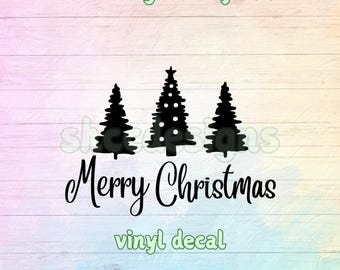 Merry Christmas Trees Vinyl Sticker Decal / Holiday Decor / Family Time