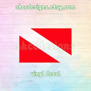 May include: Red and white scuba diving flag vinyl decal. The flag is a red triangle with a white diagonal stripe.