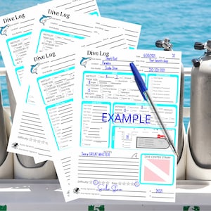 Blue Scuba Diving Log Book Sheets, informazioni per subacquei e fogli di appunti. Formato raccoglitore A5 Stampa a casa Download digitale. Unità imperiali