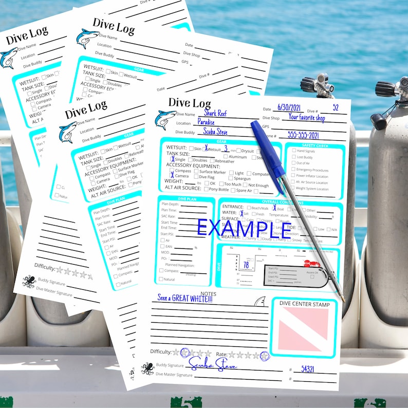 Blue Scuba Diving Log Book Sheets Diver Information & Note Etsy