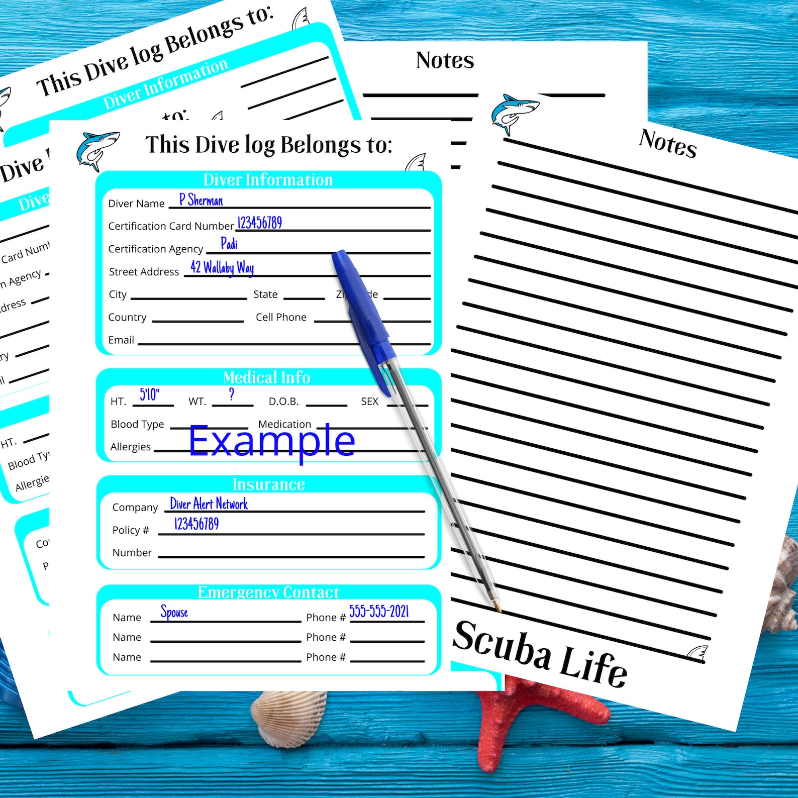 Blue Scuba Diving Log Book Sheets Diver Information & Note Etsy