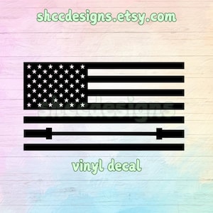 May include: Black and white vinyl decal of an American flag with a barbell across the middle. The text "vinyl decal" is below the image.