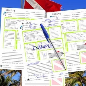 Green Scuba Diving Log Book Sheets, Diver Information & Note Sheets. A5 Binder Size Print at Home Digital Download. Imperial Units