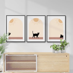 Minimalist Black Cat, Abstract Boho Cat Print, Printable Wall Art, Modern Poster, Neutral Cats Decor, Digital Download, Modern Poster