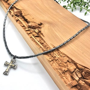 Unisex Hematite and Cross Necklace