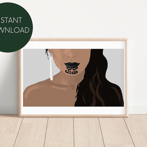 Maori Woman w/ Ta Moko Digital Print, Neutral Drawing, Wall Art, Minimalist, Modern