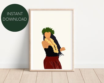 Hawaiian Hula Dancer w/ Light Yellow Background Digital Print, Neutral Drawing, Wall Art, Minimalist, Modern