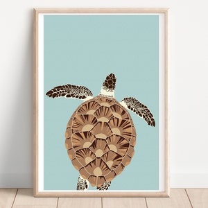 May include: A brown and beige sea turtle with a light blue background. The turtle is swimming with its back facing the viewer.