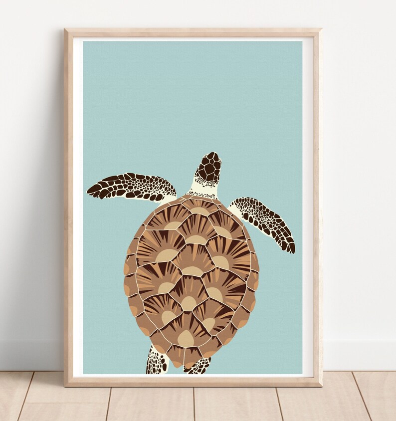 May include: A brown and beige sea turtle with a light blue background. The turtle is swimming with its back facing the viewer.