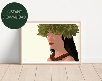 Island Girl w/ Light Yellow Background Digital Print, Neutral Drawing, Wall Art, Minimalist, Modern
