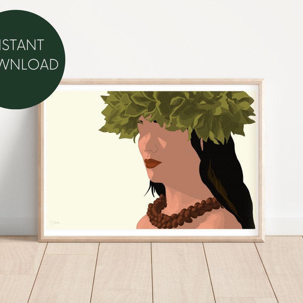 Island Girl w/ Light Yellow Background Digital Print, Neutral Drawing, Wall Art, Minimalist, Modern