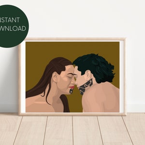 Maori Greeting (Hongi) Digital Print, Neutral Drawing, Wall Art, Minimalist, Modern