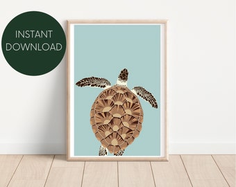 Impresión digital de arte de pared de tortuga marina, dibujo neutro, arte de pared, minimalista, moderno