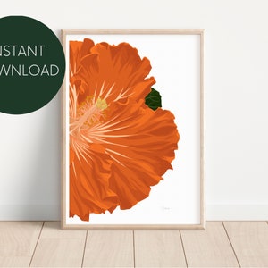 Orange Hibiscus w/ White Background Print, Neutral Drawing, Wall Art, Polynesian Art, Modern
