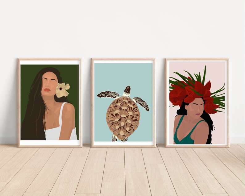 May include: Three framed illustrations. The first features a woman with long dark hair and a flower behind her ear. The second features a sea turtle with a brown shell on a light blue background. The third features a woman with a red flower crown on a pink background.