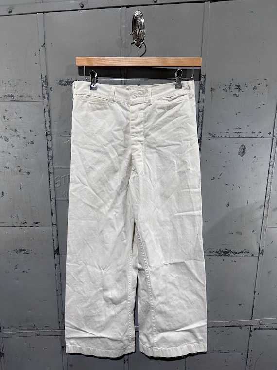 激レア50s US NAVY WHITE COTTON TROUSERS L True Vintage 50s US Navy White Cotton Sailor's Bell Bottom Baggy