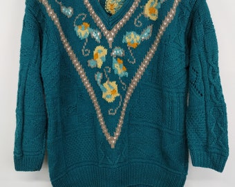 S 90s Express CableKnit Blocks V Pattern Collar Teal Cotton Ramie Sweater 1990s 1980s  Outdoors Layering Fall Autumn Small