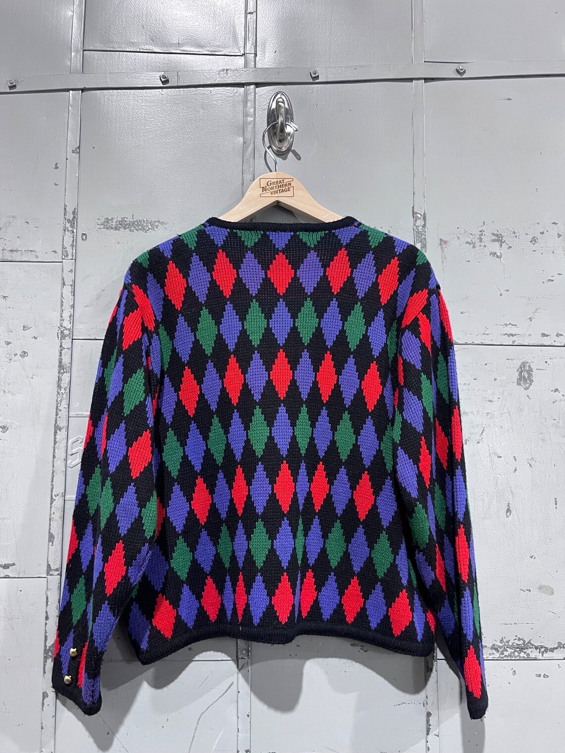 L 90s Segue Button Up Knit Sweater Womens Green Vintage Cardigan diamond pattern Grandma Cute Cottage Holiday Christmas, foto 3 di 3