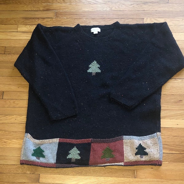 XL 90s Northern Isle Tree Knit Sweater Holiday Christmas Ugly Sweater Cute Grandma Oversized with Pockets Speckled Black