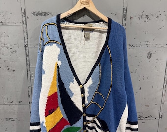 Vintage 90s Ruff Hewn Cotton Blend Preppy Yacht Club Boat Scene Picture Knit Cardigan Sweater Large