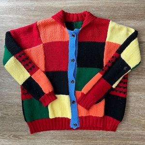 Vintage Hand Knitted Color Block Cardigan Sweater With Collar