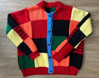 Vintage Hand Knitted Color Block Cardigan Sweater With Collar