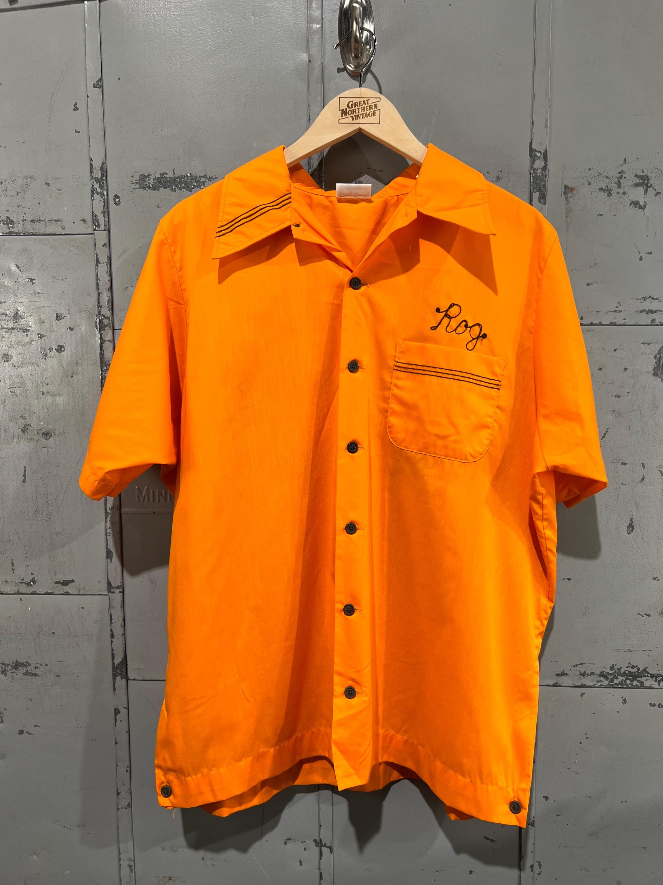 Vintage 70s Orange Chainstitch Bowling Shirt With