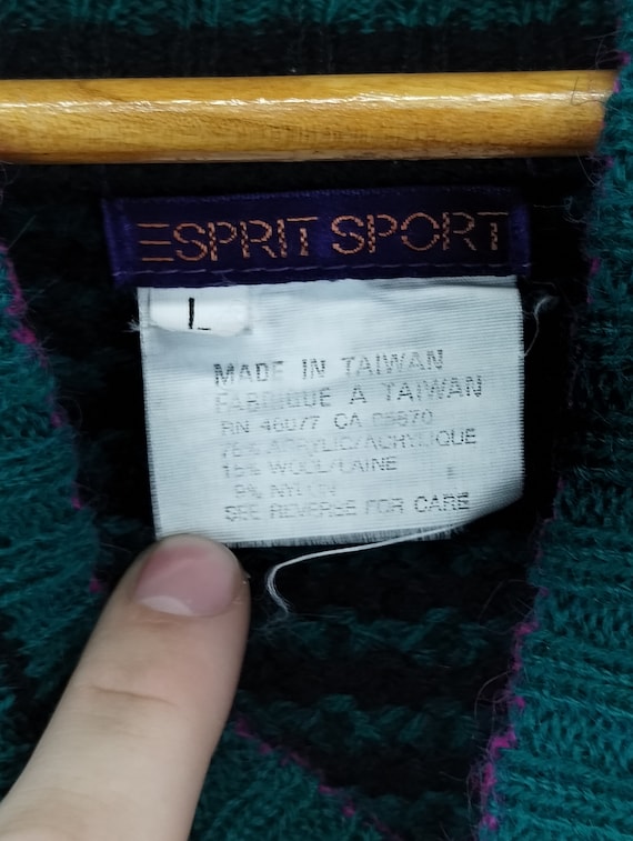 L 80s Espirit Sports Shawl Collar Green Knit Swea… - image 2