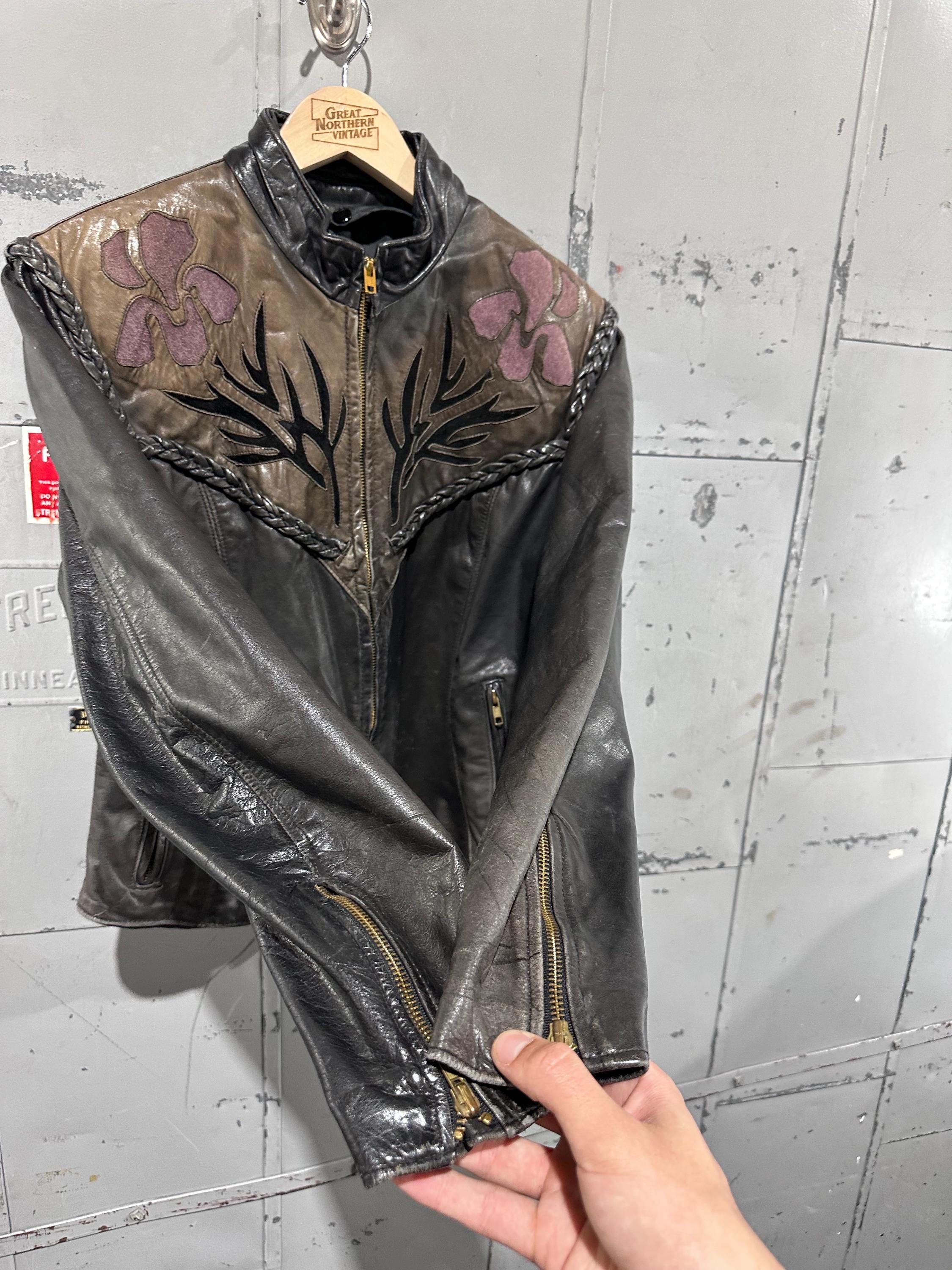 Vintage 90s Detailed Two Tone Western Cowboy Biker Leather Zip up