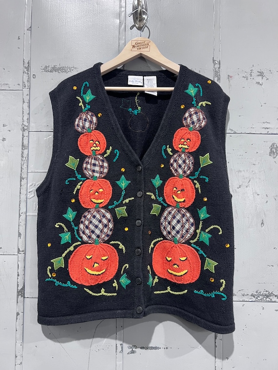 90s Halloween pumpkin  picture Knit vest Sweater … - image 1