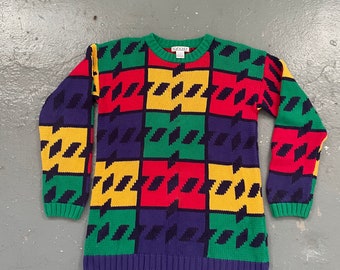 S 90s Izod Patterned Cotton Knit Sweater Men’s Multicolor Co Small Vintage Color Block Grandpa Funky Crazy Wild