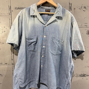 Vintage 1950s Chambray Cotton Loop Collar work Shirt selvedge Distressed Repair  Workwear Big Smith Brand